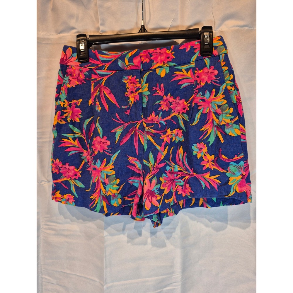 J.Crew Women Blue Pink Tropical Floral Linen Blend High Rise Shorts Size 4 - Picture 2 of 5